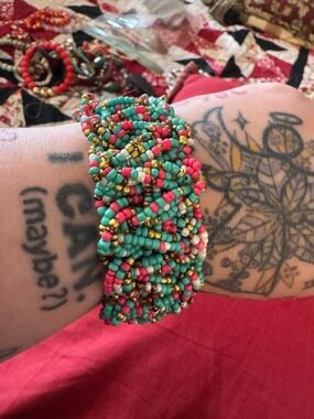 Handcrafted Turquoise & Coral Seed Bead Stretch Bracelet by